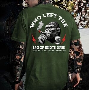 Men's Olive Green Short Sleeve T-Shirt "Bag Of Idiots" - Size S